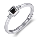 Silver S925 open ring featuring a square black gemstone with side clear stones - Black Emerald Zirconia / Platinum Color-J378