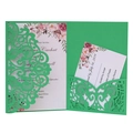 Detailed view of green laser cut lace wedding invitation pocket with floral RSVP card - Dark Green