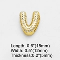 Macro view of gold letter U charm with clear pave cubic zirconia and size dimensions - Letter V