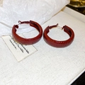 Detail of deep red fabric flower earrings with snakeskin texture on a white background - Wine Red Snakeskin Texture Hoop (33# Silver Pin)
