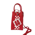 Mini red knitted phone bag with white checkered patterns and traditional Xi character - Double Happiness Red