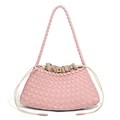 Pink hand-woven leather tote bag with drawstring closure and slim shoulder strap - Peach Pink