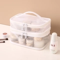 Portable white mesh double-layer cosmetic bag with handle and dual zipper compartments - Double Layer / White