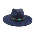 Cappello Fedora blu scuro a tesa larga con ricamo floreale e pietra turchese decorativa - Taglia unica / Blu Notte (Ricamo in Pelle Larga)