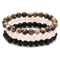 Three-piece stretch bracelet set with rose quartz, black agate, and rhodonite beads - Pink & Black White Stone Set