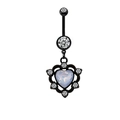 Macro view of black steel belly ring with rainbow opal heart pendant and clear crystals - Delicate Heart