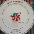Handmade red and white crochet ring ornament with small green flower, 5cm size - Donut Ornament