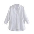 Women's long sleeve white linen shirt with side slits and single breasted buttons - XS / White