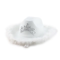 Detailed view of white felt cowboy hat with feather trim and sparkling rhinestone crown - M (56-58cm) / White Feather