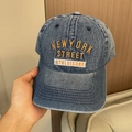 Deep blue washed denim baseball cap with New York Street orange embroidery - Adjustable 56-60cm / Dark Blue with NEWYORK Embroidery