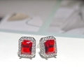 Elegant silver stud earrings featuring a rectangular red gemstone with zircon halo - Red Diamond Square Stud Earrings Led-104