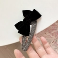 Barrette à cheveux nœud en velours de style français avec strass brillants à la main - Strass Gris (D-4373-1)