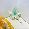 Translucent gradient green plumeria hair claw clip on a decorative book with pearls - 8cm / Cyan