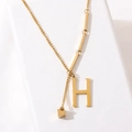 Golden titanium steel chain with large letter H pendant and 3D square charm detail - Gold Initial H (8847)