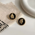 Französische Vintage-Ohrstecker in Gold mit Relief-Porträt und strukturierter Einfassung - Vintage Porträt Relief Runde Ohrstecker (2# Silberstift - Schwarz Porträt)