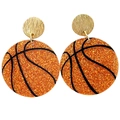 Detailed close-up of basketball-shaped acrylic earrings with orange sequins and gold studs - Basketball-Orange