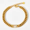 Bracelet chaîne cubaine en acier inoxydable doré avec un zircon rectangulaire clair - Or 14K avec Zircon Blanc (SAK861)