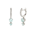 Macro view of silver dangling earrings with white diamonds and light blue gemstones - Silver-Light Blue