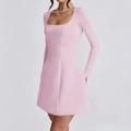 Elegant pink long-sleeve dress with square neckline and A-line silhouette for women - S / Pink