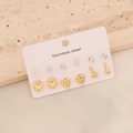 Detail view of 6 pairs gold stainless steel earrings with heart, butterfly and zircon - Butterfly Heart Key Diamond Rhinestone Style (E556-6) / 6 Pairs Set
