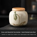 Miniature ceramic tea jar with hand-painted lotus pattern and airtight bamboo lid - Hand Painted Straw Ash - Lotus Root