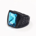 Men's vintage black stainless steel ring with emerald-cut blue gemstone and leaf relief - Black Base Aqua Blue Gemstone