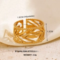 Gold plated stainless steel open ring featuring a hollow leaf design and beaded edges - Gold Leaf Ring 3