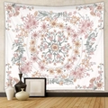 Bohemian floral mandala tapestry in pink and sage green hanging on a beige wall - Pink & Green Floral Mandala