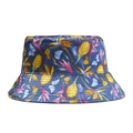 Detailed close-up of dark blue bucket hat with vibrant tropical floral and butterfly print - One Size (55-57cm) / Blue (Tropical Flower Butterfly Print)