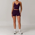 Two-piece recycled yoga set with deep purple V-neck camisole top and high-waist shorts - 8998 Vest + 8998 Shorts Grape Purple