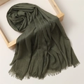 Army green linen cotton scarf for women with fringe edges on a wooden frame - 180*100cm / Army Green (TH39-8)