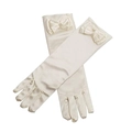 Gants longs élégants en satin blanc cassé pour filles avec nœud et perles en vue à plat - Beige Avec Perles