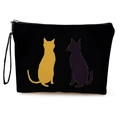 Black canvas cosmetic bag with yellow and purple cat silhouettes and top zipper strap - Cat Silhouette 3-With Strap(xy-082-3) / 25x17cm