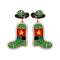 Detailed view of beaded cowboy boot earrings with colorful rhinestones and gold trim - Style 7 Green Boot