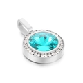 Round teal crystal pendant with pavé halo setting in polished stainless steel - Cyan Blue Gem Style (KP100743-K)