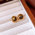Macro shot of 18k gold plated tiger eye stone earrings on white velvet jewelry box - Tiger's Eye Style with Silver Earring Post (Gold & Brown)