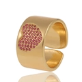 Detailed macro view of 18K gold plated wide ring with pink pavé heart and open band - Adjustable Open / Heart
