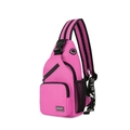 Close-up of rose pink oxford fabric chest bag showing side mesh pocket and sports label - Purple