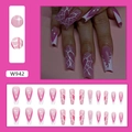 Pink and white long ballet press-on nails with spider web and star designs, set of 24 pieces - Pink White Heart Spider Web Glue Style (W942)