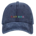 Navy washed cotton baseball cap with colorful rainbow CAT DAD 3D embroidery on front - Washed Dark Blue CAT DAD Rainbow Embroidery Cap
