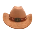 Cappello da cowboy marrone in finta pelle scamosciata con teschio di toro e fascia borchiata - Kaki