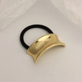 Minimalist elastic hair tie with polished gold metal charm and black fabric band - Curved Glossy Gold