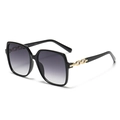 Square oversized sunglasses with black frame, gradient grey lenses, and gold chain temple detail - Bright Black