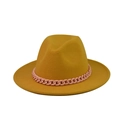 Detail view of mustard yellow wool fedora hat with a pink plastic chain decoration - Mustard Yellow (17)