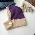 Pasamontañas de punto violeta y beige con botones blancos para protección cuello mujer - Beige Morado