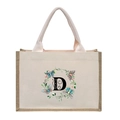 Linen canvas tote bag in beige and brown with floral wreath and letter D print - Butterfly Floral Letter D