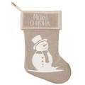 Calza natalizia in lino beige con motivo a pupazzo di neve bianco e scritta Merry Christmas - Pupazzo di Neve