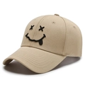 Khaki cotton baseball cap with black embroidered smiley face and curved visor - Adjustable / Khaki