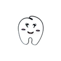 Close-up of cute cartoon tooth enamel pin with smiling face and pink blush details - Wink & Smile Style