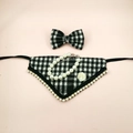 Detail of houndstooth pet bandana set with bow tie and elegant pearl necklace - Size M (3-4.5kg) / 4-Piece Set (Bandana+Bowtie+Corsage+Necklace) / Black Check